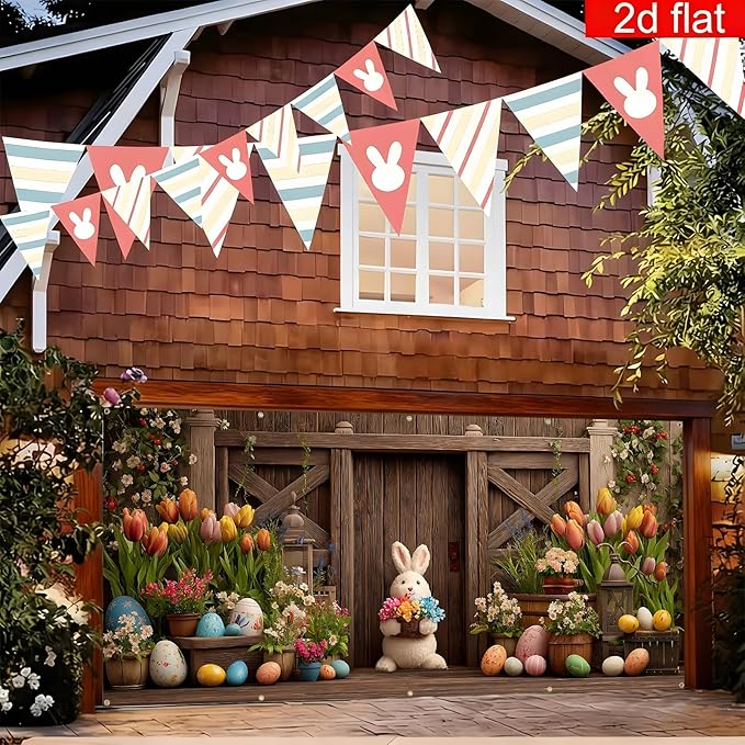 Easter Garage Door Banner Cover, Easter Bunny Flower Eggs Spring Party Backdrop Decor, Garage Door Cover For Outdoor Yard Holiday Decoration