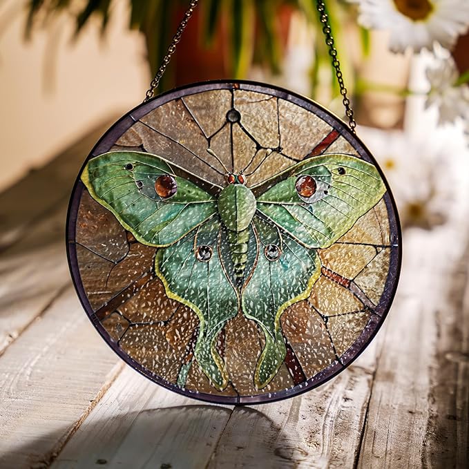 2 Stained Glass 6" Yellow Butterfly Sunflower Suncatcher, Luna Moth Stained Glass Suncatchers Monarchs for Sun Catcher Indoor Window, Gift for Mothers Day, Sunflower Gift for Women, Garden Decoration