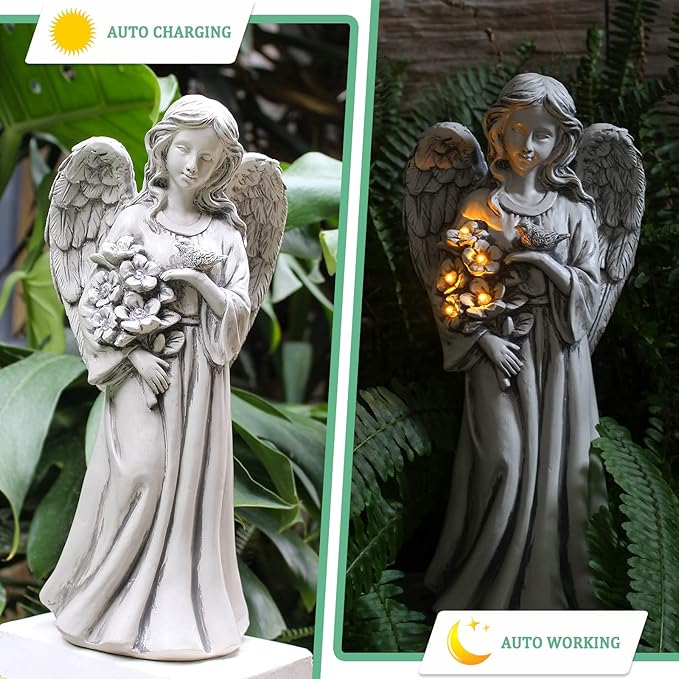 Rezpuao Solar Angel Statue for Outdoor, Angel Figurine with Resin, Outdoor Decor for Patio Lawn Yard Porch, Garden Gift