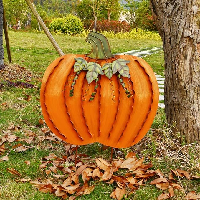 Morning View Pumpkin Garden Stakes Metal Yard Sign Fall Decor Outdoor Autumn Yard Stake Art Pumpkin Lawn Ornaments for Patio Porch Thanksgiving Halloween Harvest 26 Inches Tall