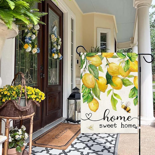 Baccessor Spring Garden Flag Lemon Bee Floral Home Sweet Home Small Yard Flag 12.5 X 18 Inch Double Sided Burlap Summer Welcome Flag for Outside Outdoor Decor
