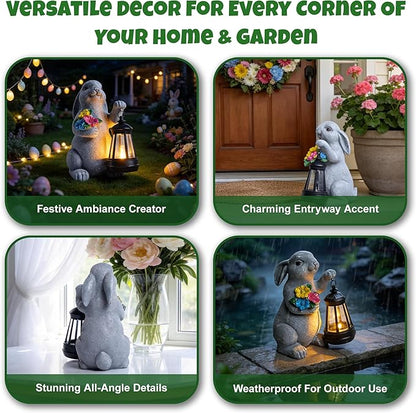 Solar Garden Statues, Resin Bunny Statue w/ Flower, Waterproof Figurine Rabbit Garden Statue for Outside Yard Outdoor Home Patio Lawn Decor, Solar Animal Lights for Adults Women Birthday Easter Gifts