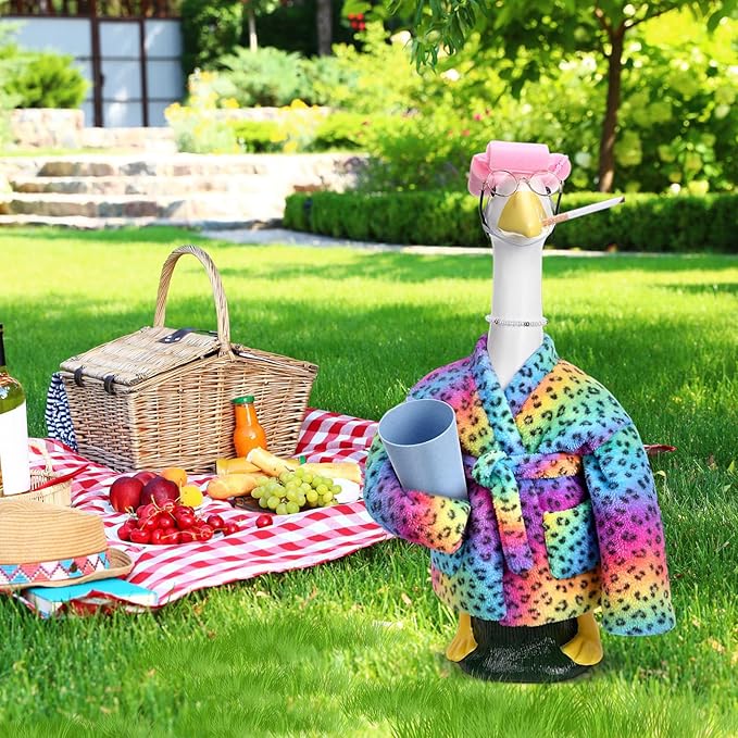 23 Inch Porch Goose Statue Outfits Set Neon Rainbow Leopard Porch Goose Bathrobe Costumes with Clothes & Accessories for Patio Yard Garden Lawn Outdoor Decoration