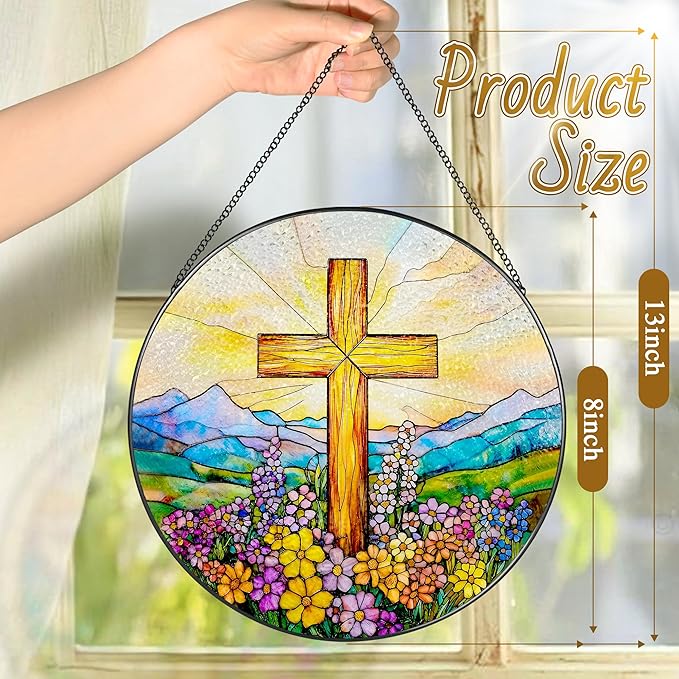 8 Inch Cross Wildflower Stained Glass Suncatcher, Christian Stained Glass Window Hanging, Religious Cross Sun Catcher, Easter Suncatcher Decor, Religious Gifts, Christian Gifts, Easter Gift