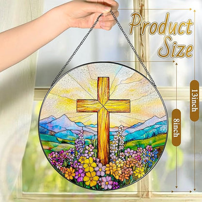 8 Inch Cross Wildflower Stained Glass Suncatcher, Christian Stained Glass Window Hanging, Religious Cross Sun Catcher, Easter Suncatcher Decor, Religious Gifts, Christian Gifts, Easter Gift
