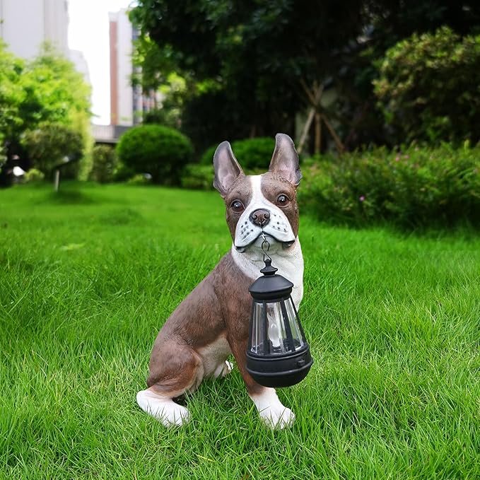 Playful French Bulldog Dog Sculpture with Solar Lantern & Double-Sided 'On Patrol' & 'Welcome' Signposts – Cute Resin Statue for Garden, Yard, Patio Decor
