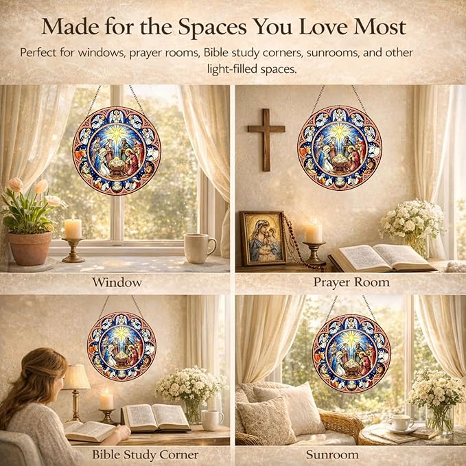 Nativity Suncatcher Window Hanging, 7.8" Stained Glass Faith Gift for Mom, Grandma and Friends, Religious Window Decor for Prayer Room, Sunroom, Office and Bible Study Corner