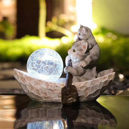 Rezpuao Garden Statue of Cat,Garden Decor Cat Figurine,Cats Outdoor Statue,Solar Decor for Patio,Balcony,Yard,Lawn Ornament