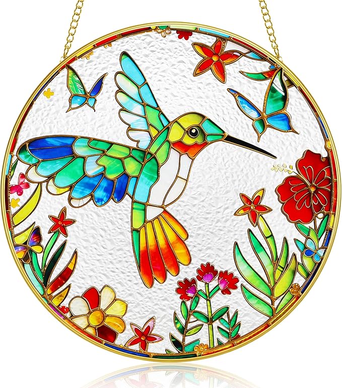 LITIVY Stained Glass Suncatcher Spring Flowers & Hummingbird, 8 Inch Handmade Multi-Color Window Hanging Decor for Garden, Sun Catcher Home Decor for Women