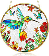 LITIVY Stained Glass Suncatcher Spring Flowers & Hummingbird, 8 Inch Handmade Multi-Color Window Hanging Decor for Garden, Sun Catcher Home Decor for Women