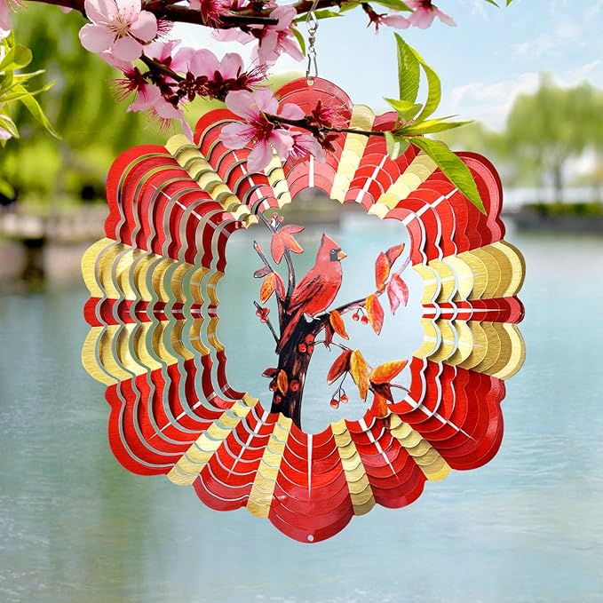 FONMY Cardinal Wind Spinner Mandala 3D Stainless Steel Hanging Wind Spinners Worth Gift Christmas Decoration Indoor/Outdoor Garden Décor Kinetic Yard Art 12 Inches Multi Red Wind Sculpture