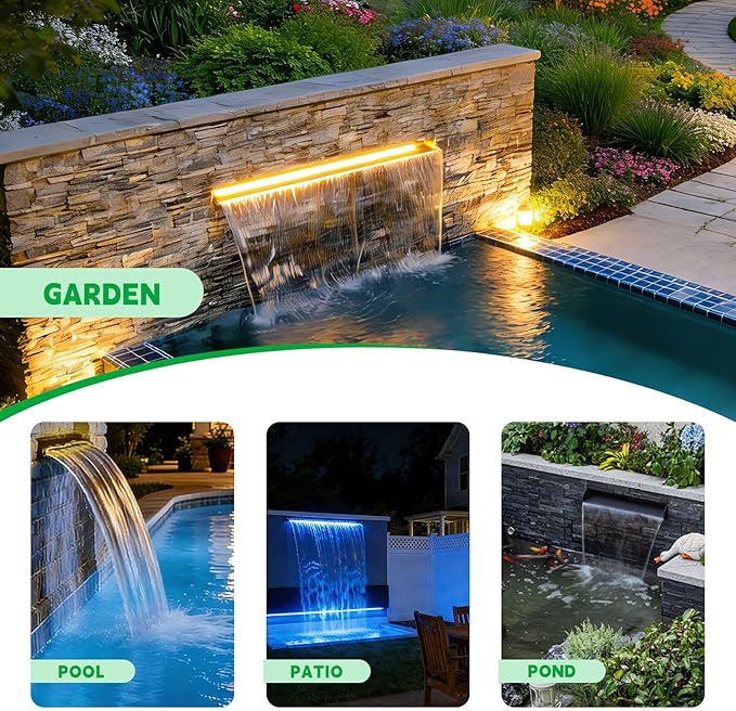 Pool Fountain, LONGRUN Waterfall Spillway for Koi Ponds - 23.6" Transparent Acrylic Waterfall with APP Control & Multi-Color LED Lights for Swimming Pool, Garden Pond, Patios, Spa Decoration
