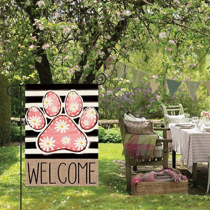 AVOIN colorlife Pink Paw Print Spring Garden Flag 12x18 Inch Double Sided Outside, Daisy Floral Welcome Stripes Yard Outdoor Flag