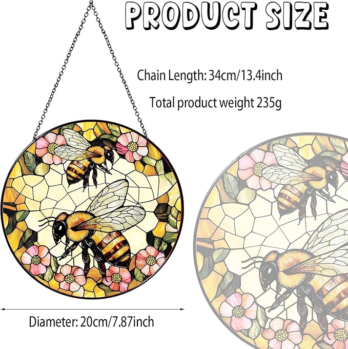 Bee Wildflower Stained Glass Window Hanging Bee Sun Catcher Honeybee Gifts for Women Christmas Suncatchers for Garden Home Windows Hanging Decoration, 7.87inch