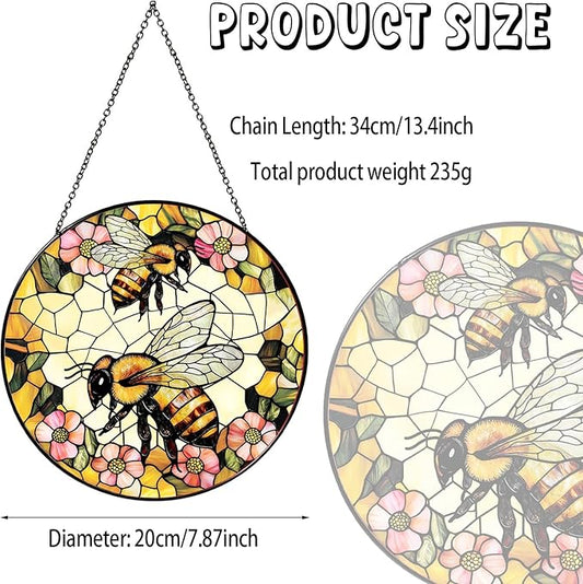 Bee Wildflower Stained Glass Window Hanging Bee Sun Catcher Honeybee Gifts for Women Christmas Suncatchers for Garden Home Windows Hanging Decoration, 7.87inch