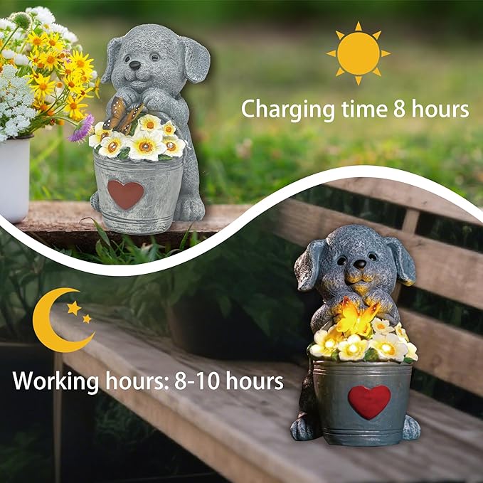 Solar Dog Statue with LED Light,Outdoor Decorations Dog Figurine Light, Unique Dogs Gift for Women,Mom,Lover,Housewarming