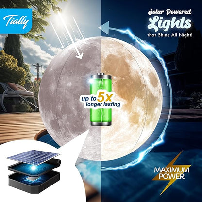 TIALLY Full Moon Floating Pool Lights Solar Powered - 14" Inflatable PVC Light Up Pool Balls for Swimming Pool, Solar Pool Lights that Float, Pool Owners (2 Pack)