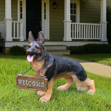 German Shepherd Garden Statue with Solar Lantern, Lifelike Dog Outdoor Decor with Interchangeable Welcome & On Patrol Sign, Waterproof Resin Animal Figurine for Porch, Yard, Patio, Dog Lover Gift