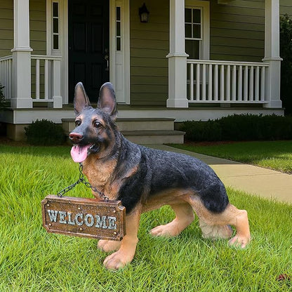 German Shepherd Garden Statue with Solar Lantern, Lifelike Dog Outdoor Decor with Interchangeable Welcome & On Patrol Sign, Waterproof Resin Animal Figurine for Porch, Yard, Patio, Dog Lover Gift