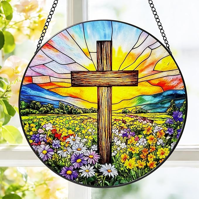 Stained Glass Window Hanging, 8 Inch Stained Glass Cross Wildflower Suncatcher, Sun Catchers Indoor Window, Floral Cross Religious Home Garden Decor Glass Panel, Easter Faith Christian Gifts for Women