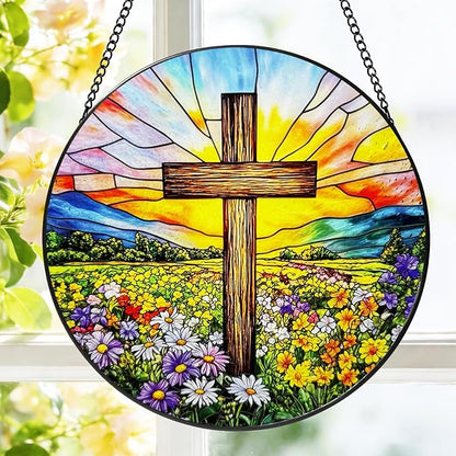 Stained Glass Window Hanging, 8 Inch Stained Glass Cross Wildflower Suncatcher, Sun Catchers Indoor Window, Floral Cross Religious Home Garden Decor Glass Panel, Easter Faith Christian Gifts for Women