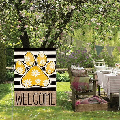 AVOIN colorlife Yellow Paw Print Spring Garden Flag 12x18 Inch Double Sided Outside, Daisy Floral Welcome Stripes Yard Outdoor Flag