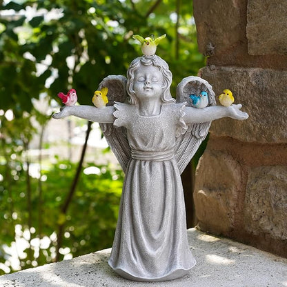 Angel Garden Statue with 5 Birds Solar Lights, Resin Cherub Figurine Outdoor Decor for Garden Porch Yard, Gift for Women Mothers Day Birthday Housewarming