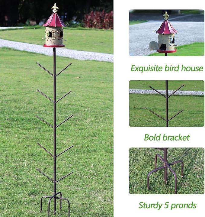 Bird House Bottle Tree for Outdoor Garden, Rust-Proof Metal Bottle Tree Stand, Garden Decorative Bottle Stand