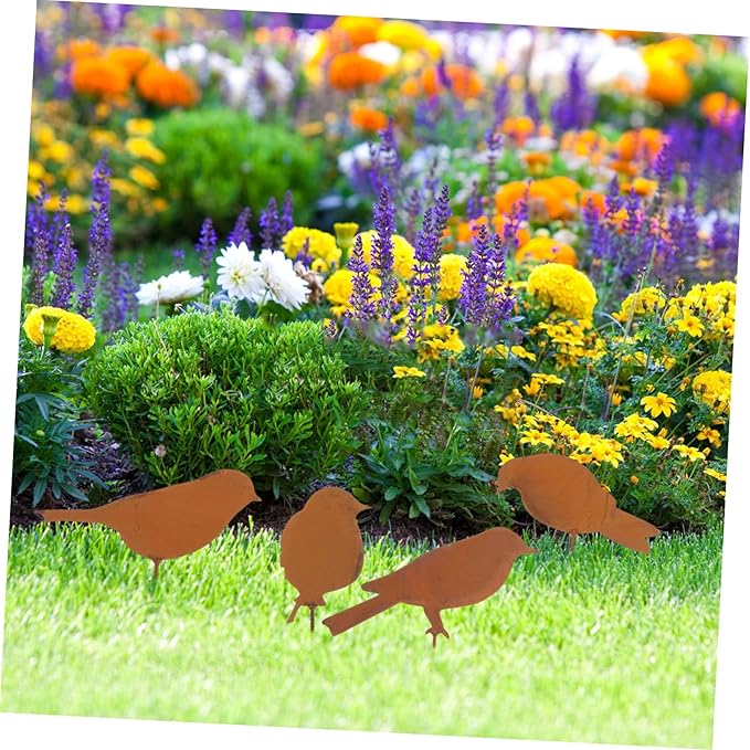 Kisangel 4pcs Rustic Metal Bird Figurines Decorative Garden Ornaments for Outdoor Patio and Sturdy for Flower Bed and Fence Decor