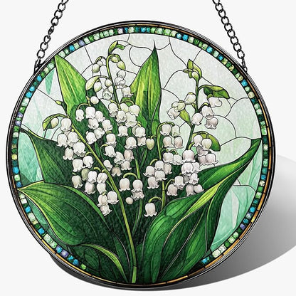 8-Inch Stained Glass Ornament, Stained Glass Window Hanging, Lily of Valley Flower Ornament, Window Hanging Decor Suncatcher | Mother's Day, Christmas, Birthday, Gifts for Mom & Flower Lovers