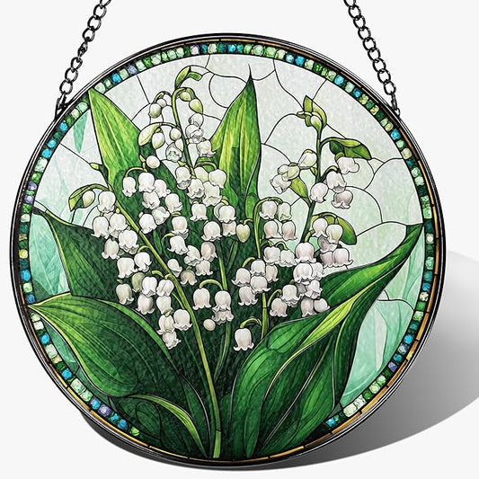 8-Inch Stained Glass Ornament, Stained Glass Window Hanging, Lily of Valley Flower Ornament, Window Hanging Decor Suncatcher | Mother's Day, Christmas, Birthday, Gifts for Mom & Flower Lovers
