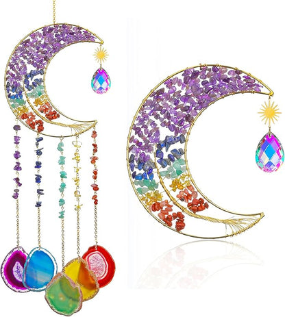 Yoption Moon Tree of Life Agate Slice Wind Chime, Handmade 7 Chakra Healing Crystal Stone Wind Chime for Home Wall Garden Decorative Ornament, Unique Gift
