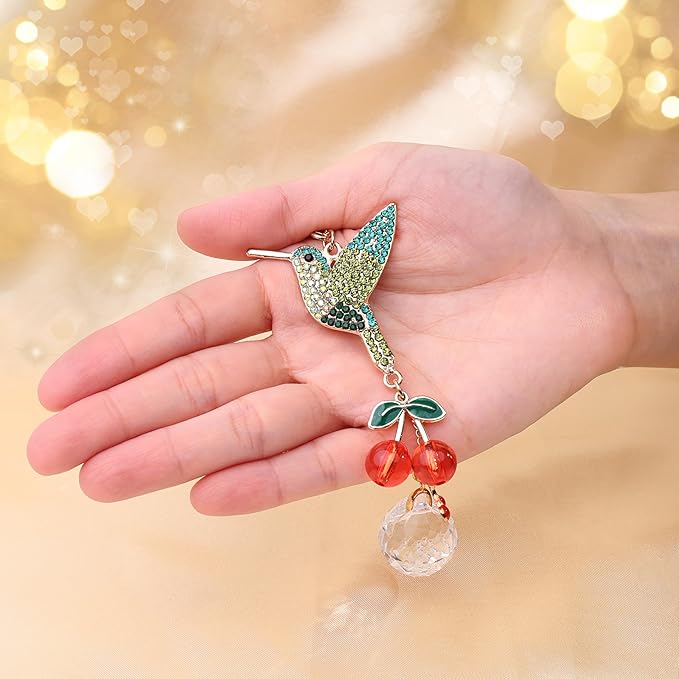 Crystal Hummingbird Sun Catcher with Rhinestones – Sparkling Prism Hanging Ornament for Window, Garden & Car Mirror, Cherry Crystal Décor and Gift for Women, Mom & Bird Lovers