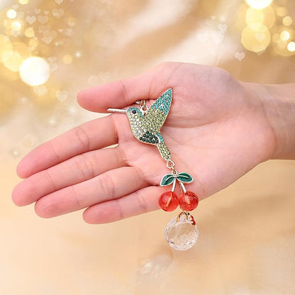 Crystal Hummingbird Sun Catcher with Rhinestones – Sparkling Prism Hanging Ornament for Window, Garden & Car Mirror, Cherry Crystal Décor and Gift for Women, Mom & Bird Lovers