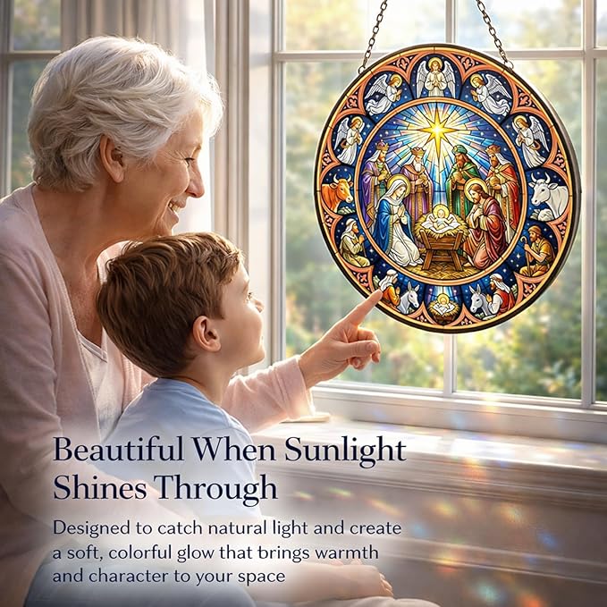 Nativity Suncatcher Window Hanging, 7.8" Stained Glass Faith Gift for Mom, Grandma and Friends, Religious Window Decor for Prayer Room, Sunroom, Office and Bible Study Corner