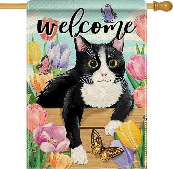 Artofy Welcome Spring Summer Tuxedo Cat Large Decorative House Flag, Tulip Flower Butterfly Yard Garden Outside Decor Pet Owner Lover Gift, Seasonal Floral Outdoor Home Decoration Double Sided 28 x 40