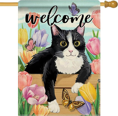 Artofy Welcome Spring Summer Tuxedo Cat Large Decorative House Flag, Tulip Flower Butterfly Yard Garden Outside Decor Pet Owner Lover Gift, Seasonal Floral Outdoor Home Decoration Double Sided 28 x 40