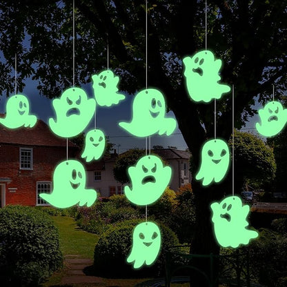 12 Pcs Hanging Bats Halloween Decoration Outside Pumpkin Skeleton Spider Outdoor Lawn Decorations 3 Different Size Realistic Ghost for Hanging in The Tree Porch Yard Lawn Indoor (Fluorescent Ghost)