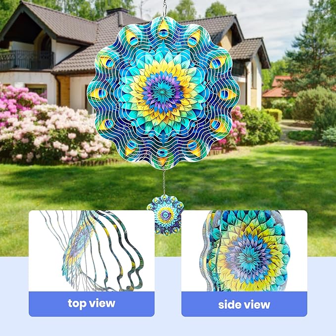 MXJSUA Mandala Wind Spinners for Indoor Outdoor Garden Decoration, 12 Inch Mandala Flowers Stainless Steel Hanging Wind Spinners Ornaments Crafts for Gifts