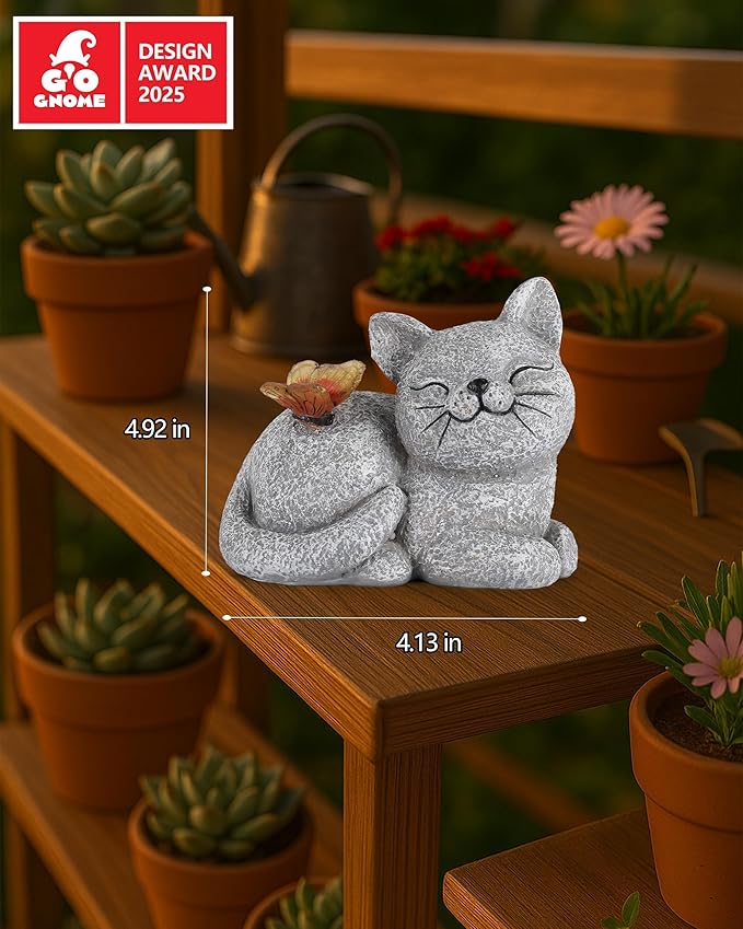 GoGnome Solar Cat Garden Statue with Butterfly Light – 5-Inch Outdoor Resin Figurine for Yard, Patio, Balcony – Gifts for Women, Garden Decor Accent (Cat)