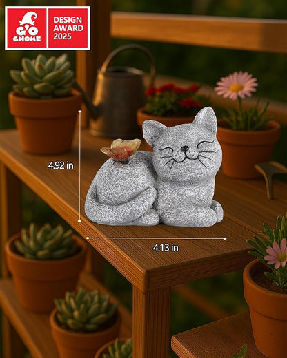 GoGnome Solar Cat Garden Statue with Butterfly Light – 5-Inch Outdoor Resin Figurine for Yard, Patio, Balcony – Gifts for Women, Garden Decor Accent (Cat)