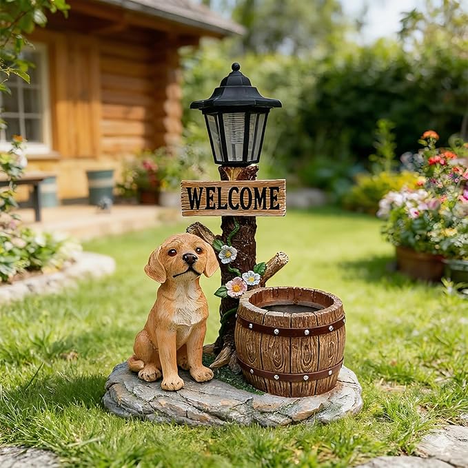Solar Garden Statue with Planter & Lantern, Outdoor Resin Animal Sculpture, Waterproof Yard Lawn Decor Pot for Succulents, Front Porch Ornament Housewarming Gift (Lab Puppy)