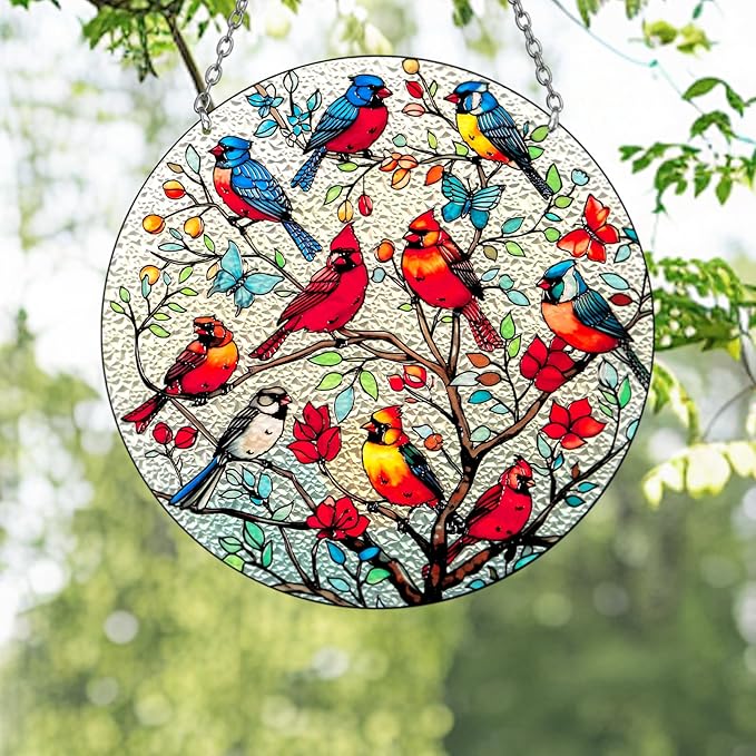 Large Size Cardinal Stained Glass Window Hanging, Cardinal Suncatcher Garden Decor, Hand Painted Red Bird Window Suncatchers, 8.6in Memorial Ornament for Bird Lovers Women