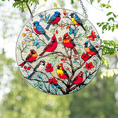 Large Size Cardinal Stained Glass Window Hanging, Cardinal Suncatcher Garden Decor, Hand Painted Red Bird Window Suncatchers, 8.6in Memorial Ornament for Bird Lovers Women