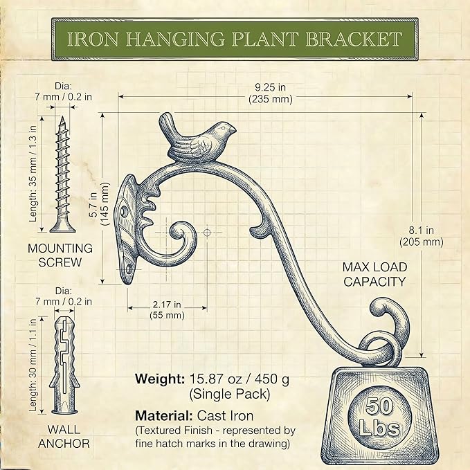 Z metnal Cast Iron Plant Hanger - Bird Rustic Wall Mounted Hanging Basket Holder for Outdoor Garden, Patio, Porch Decor - Heavy Duty Metal Hook Bracket, Black