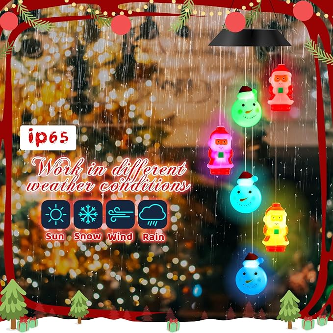 GlikCeil Christmas Solar Wind Chimes 27.5Inch Christmas Decorations Outside Waterproof Hanging LED for Yard, Porch, Patio, Party, Color Changing Lights