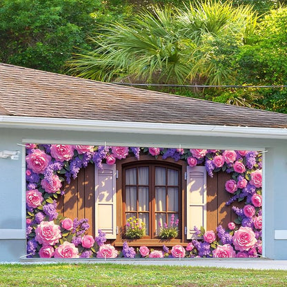 13x6 ft Rose Covered Window Garage Door Banner - Vintage Window with Climbing Flowers Backdrop, Hanging Garage Decor - for Garden Theme Wedding Decor, Romantic Outdoor Wall Sign