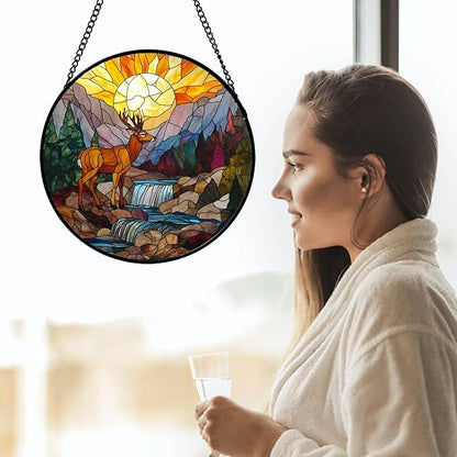 CHATYOUNG Stained Glass Window Hanging Sunset Forest River Elk Deer 7.8" - Mountain Suncatcher Door Garden Sun Catcher Decor Birthday Christmas for Woman Men Nana Friend Mom
