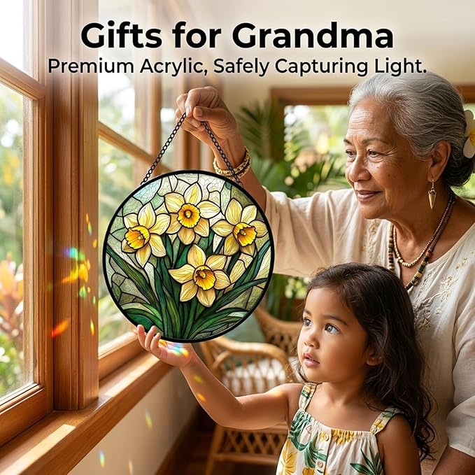Birthday Gifts for Women - Yellow Daffodils Faux Stained Glass Window Hanging Sun Catcher for Door Garden Acrylic Decor Mother's Day Christmas for Mom Men Nana Grandma Sisters 9.8"