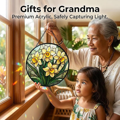 Birthday Gifts for Women - Yellow Daffodils Faux Stained Glass Window Hanging Sun Catcher for Door Garden Acrylic Decor Mother's Day Christmas for Mom Men Nana Grandma Sisters 9.8"